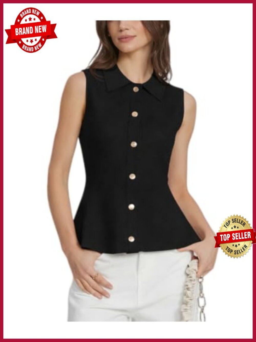 Sleeveless Knit Vest Peplum Top Ruffle Hem Gold Button Blouse Layering Fall